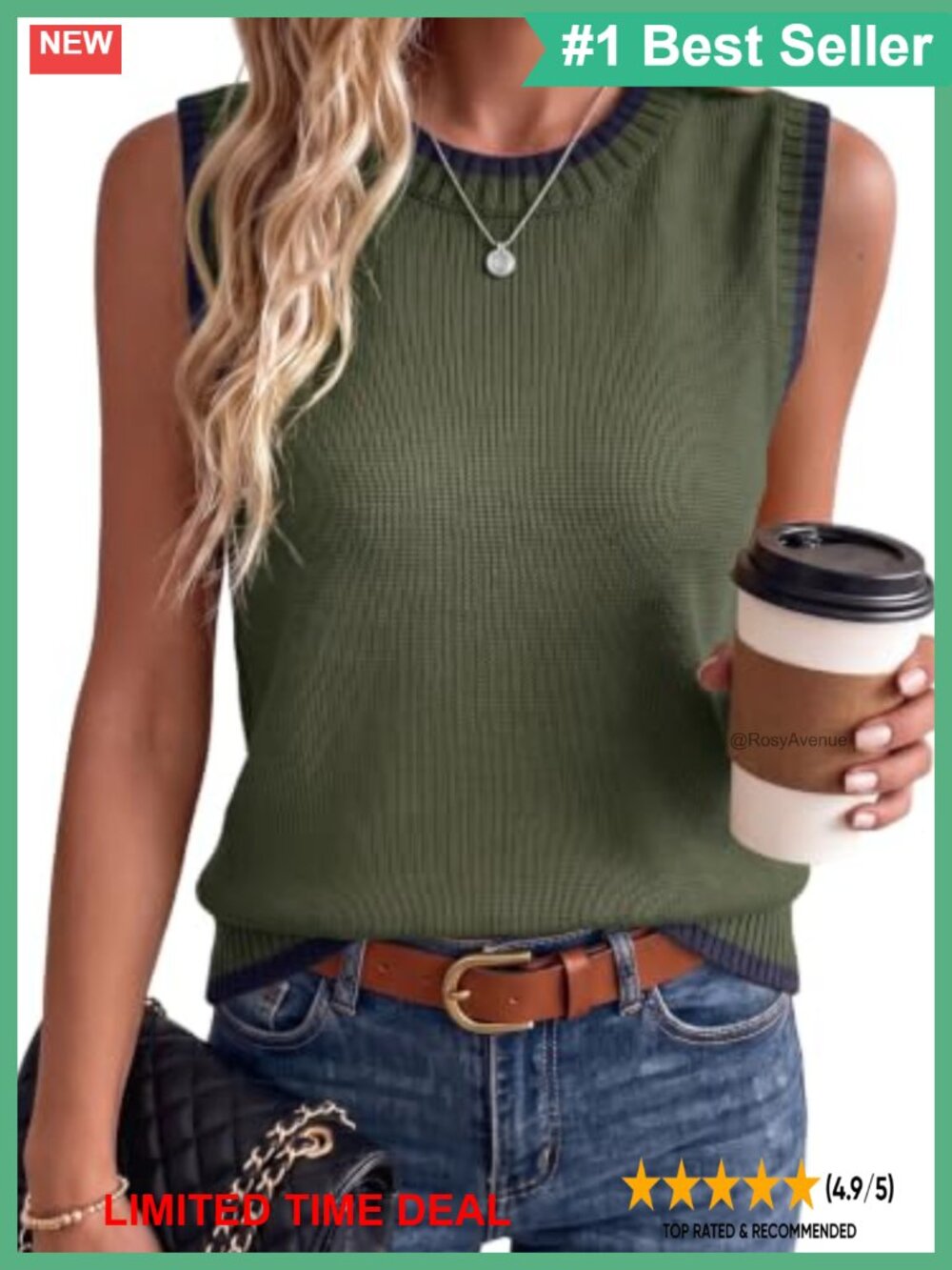 100% Cotton Sweater Vest Sleeveless Knit Tank Top Crew Neck Loose